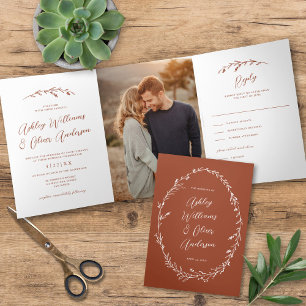 Rustic Terracotta Wildflower Boho Photo Wedding Tri-Fold Invitation