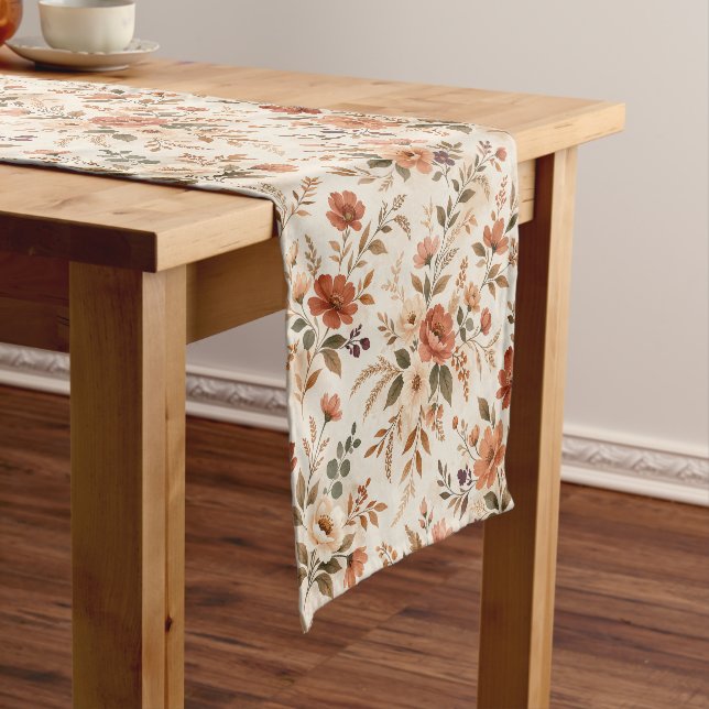 Rustic Terracotta Wildflower Botanical Pattern Short Table Runner (In Situ)