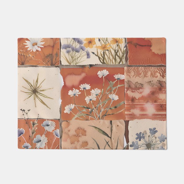 Rustic Terracotta Wildflower Patchwork Boho Spring Doormat (Front)