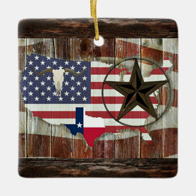 Rustic Texas Lone Star Texas Long Horn Ceramic Orn Ornament (Front)