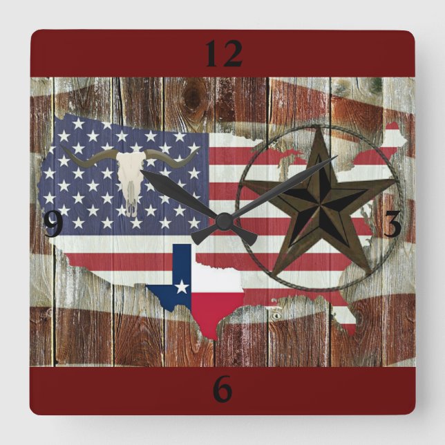 Rustic Texas Lone Star Texas Long Horn Square Wall Clock (Front)
