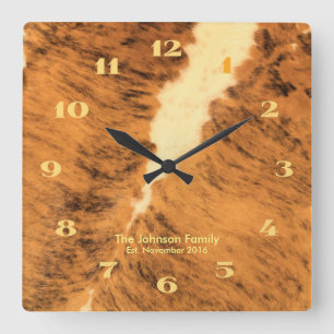 Rustic Texas Longhorn Leather Print Square Wall Clock