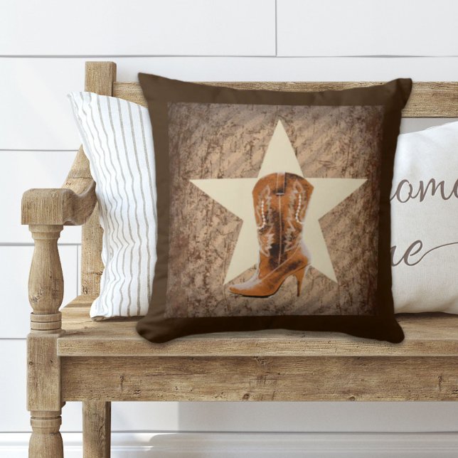 Rustic Texas Star Western Country Cowgirl Boot Throw Pillow (Rustic Texas Star Western Country Cowgirl Boot Throw Pillow)