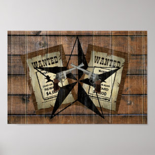 Rustic Texas Star Western Dual Pistols Wanted Sign