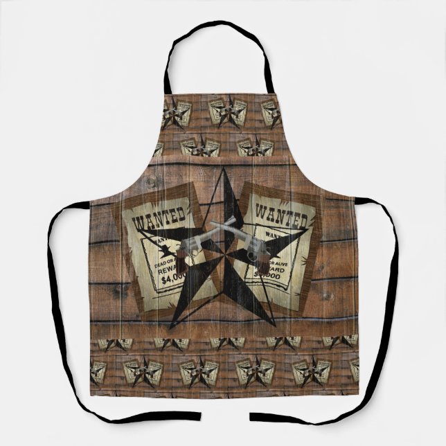 Rustic Texas Star Western Dual Pistols Wanted Sign Apron (Front)