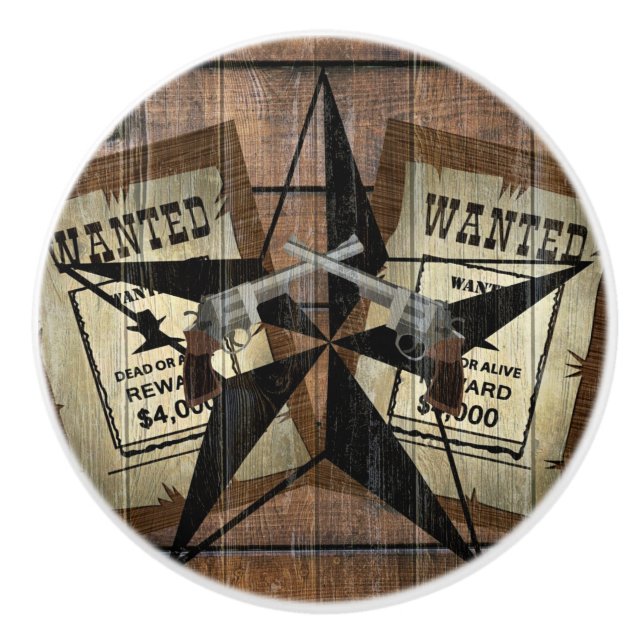 Rustic Texas Star Western Dual Pistols Wanted Sign Ceramic Knob (Front)