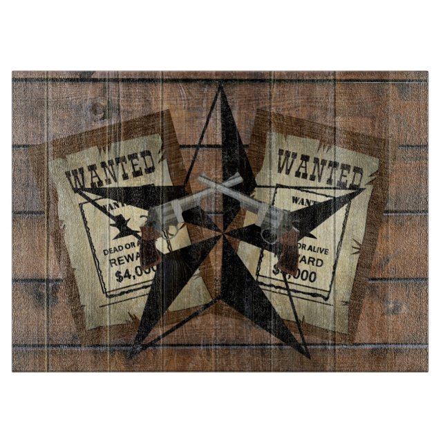Rustic Texas Star Western Dual Pistols Wanted Sign Cutting Board (Front)