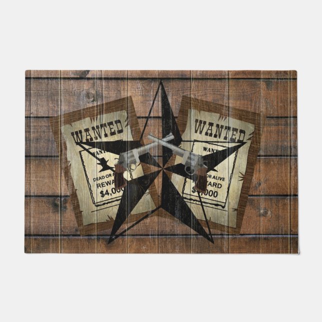 Rustic Texas Star Western Dual Pistols Wanted Sign Doormat (Front)