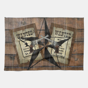 Rustic Texas Star Western Dual Pistols Wanted Sign Kitchen Towel
