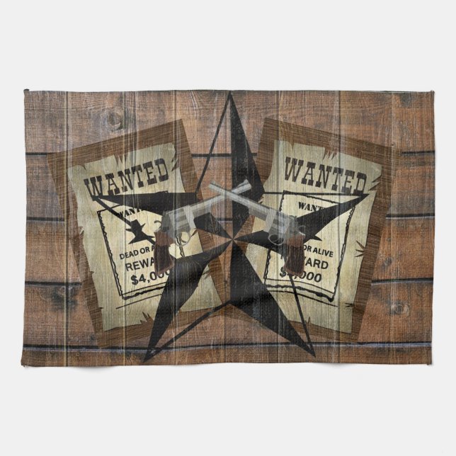 Rustic Texas Star Western Dual Pistols Wanted Sign Kitchen Towel (Horizontal)