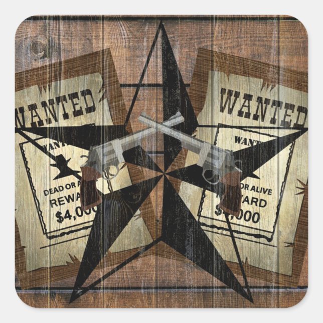 Rustic Texas Star Western Dual Pistols Wanted Sign Square Sticker (Front)