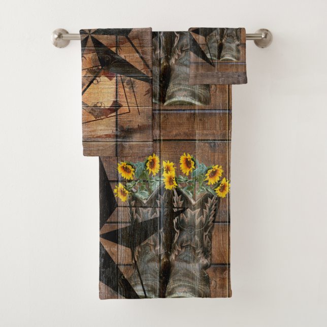 Rustic Texas Star Western Pistol Cowboy Boots Bath Towel Set (Insitu)