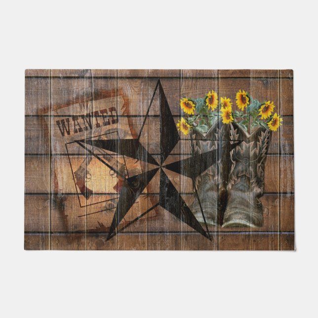 Rustic Texas Star Western Pistol Cowboy Boots Doormat (Front)