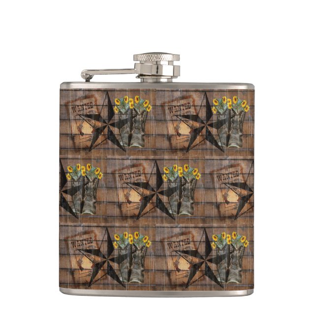 Rustic Texas Star Western Pistol Cowboy Boots Flas Hip Flask (Front)