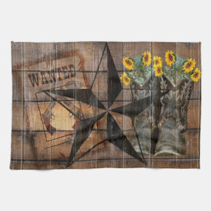 Rustic Texas Star Western Pistol Cowboy Boots Kitchen Towel