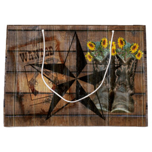 Rustic Texas Star Western Pistol Cowboy Boots Large Gift Bag
