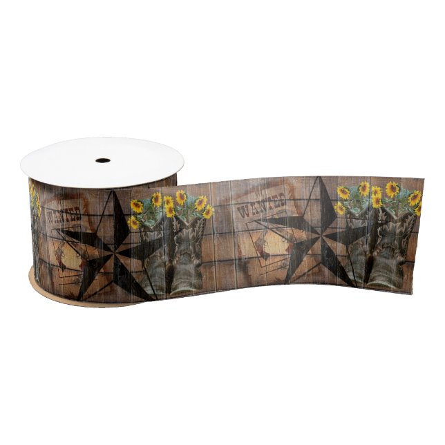 Rustic Texas Star Western Pistol Cowboy Boots Satin Ribbon (Spool)
