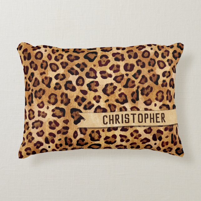 Rustic Texture Leopard Print Add Name Accent Pillow (Front)