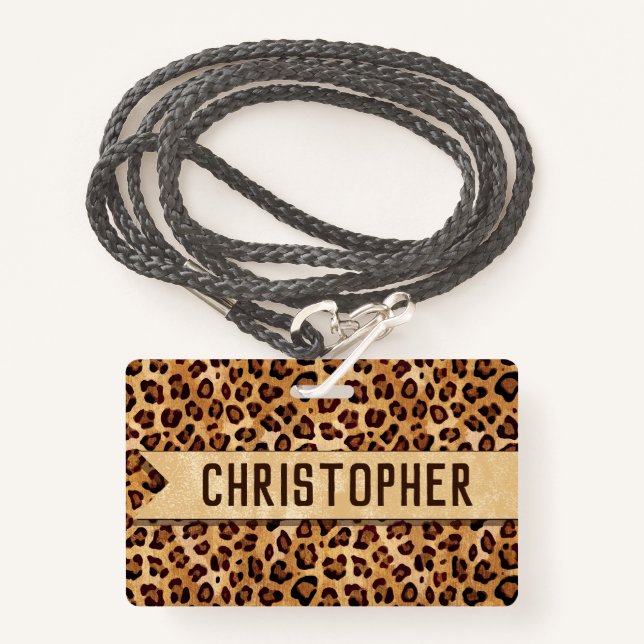 Rustic Texture Leopard Print Add Name Badge (Front with Lanyard)
