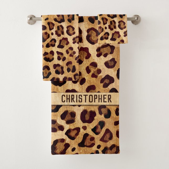 Rustic Texture Leopard Print Add Name Bath Towel Set (Insitu)