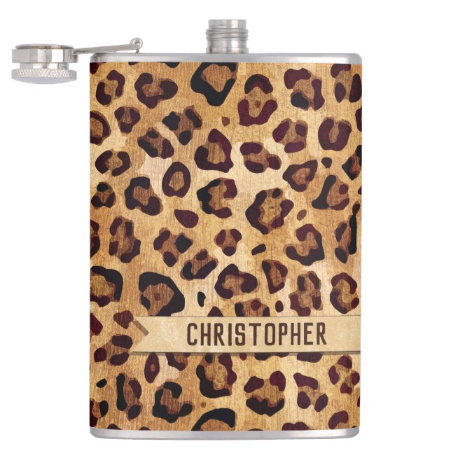 Rustic Texture Leopard Print Add Name Hip Flask (Opened)
