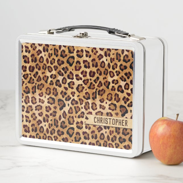 Rustic Texture Leopard Print Add Name Metal Lunch Box (In Situ)