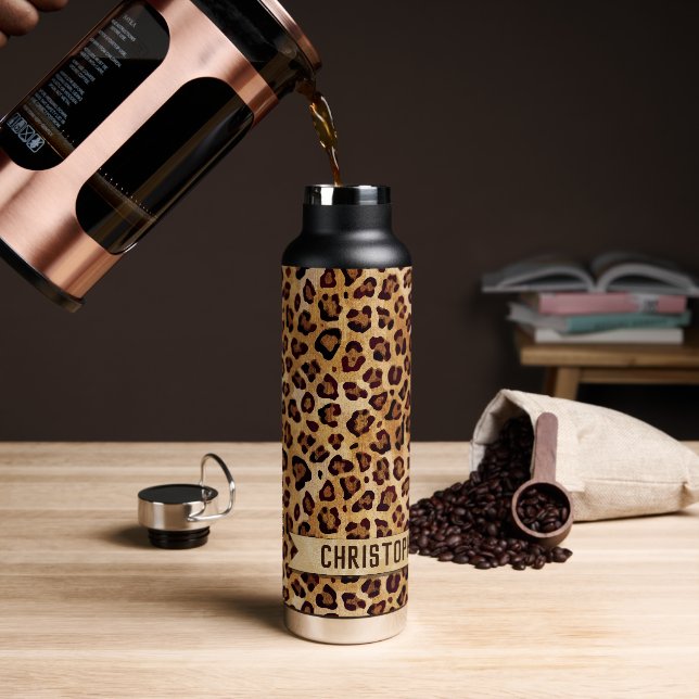 Rustic Texture Leopard Print Add Name Water Bottle (Coffee)