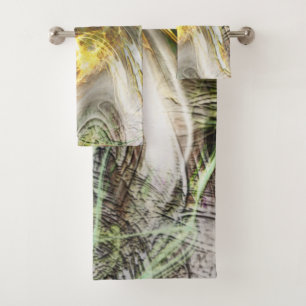 Rustic texture under floating green and yellow ink bath towel set