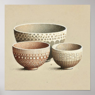 Rustic Textured Ceramic Bowls with Boho Patterns  Poster