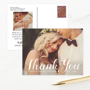 Rustic Thank You Brushed Script Wedding Photo Postcard