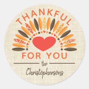Rustic THANKFUL FOR YOU Name Thanksgiving Classic Round Sticker