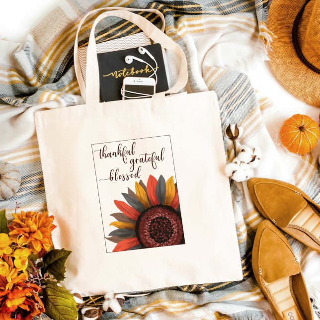 Rustic Thankful Grateful Blessed Fall Sunflower Tote Bag (Creator Uploaded)