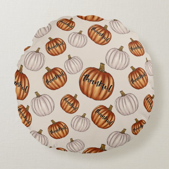 Rustic "Thankful" Pattern with Colourful Pumpkin Round Pillow (Front)
