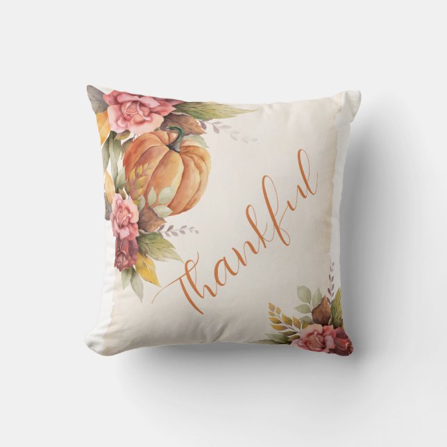 Rustic Thankful Pumpkin Floral Thanksgiving Throw Pillow (Front)