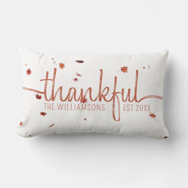 Rustic Thankful Script Autumn Leaves Monogram Lumbar Pillow (Front)