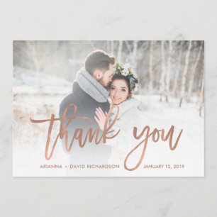 Rustic Thanks   Faux Rose Gold Wedding Photo Thank You Card