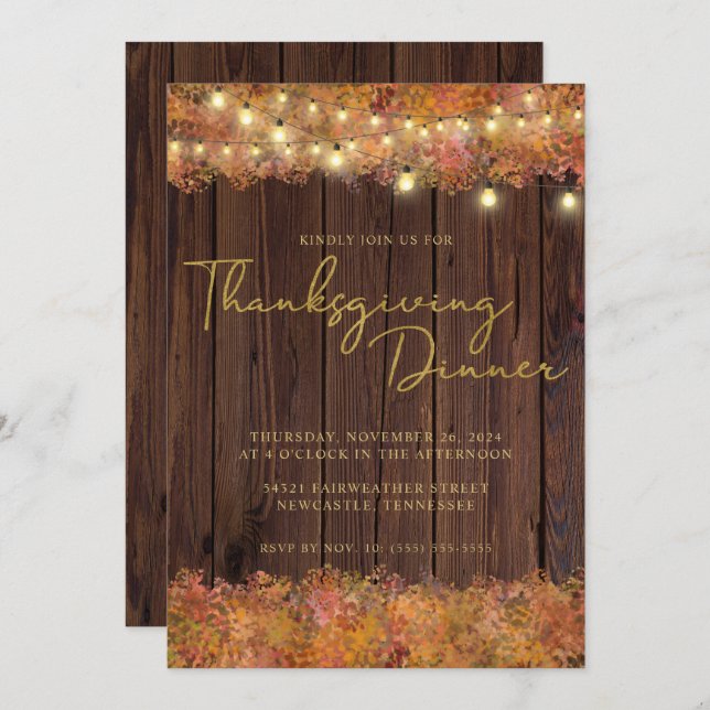 Rustic Thanksgiving Autumn String Lights Wood Invitation (Front/Back)