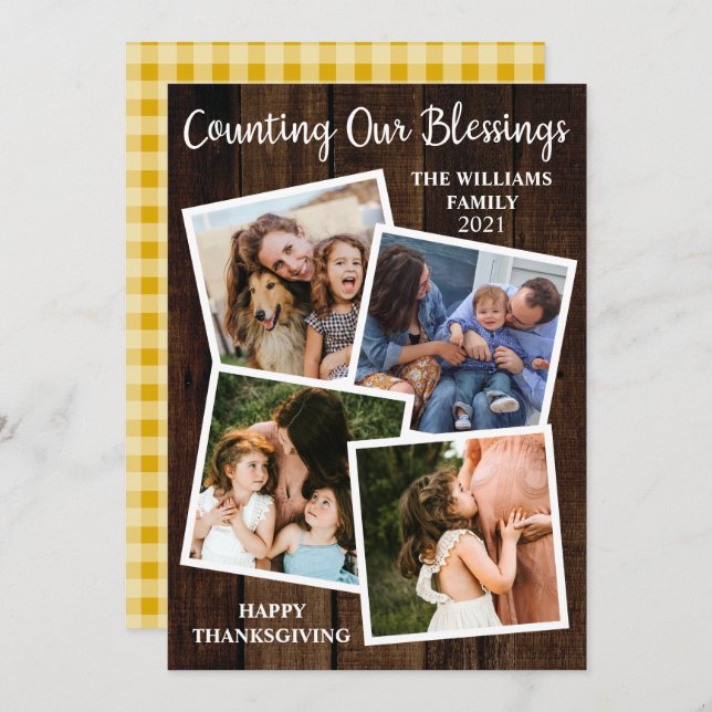 Rustic Thanksgiving Counting Our Blessings 4 Photo Holiday Card (Front/Back)