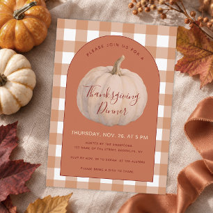 Rustic Thanksgiving Dinner Pumpkin & Brown Gingham Invitation