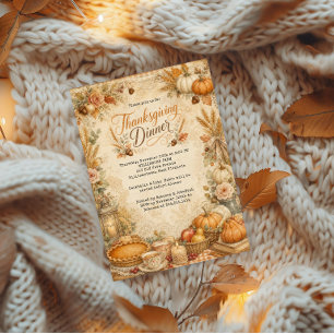Rustic Thanksgiving Dinner Pumpkins and Leaves Invitation