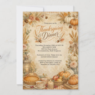 Rustic Thanksgiving Dinner Pumpkins and Leaves  Invitation