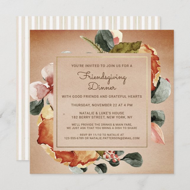 Rustic Thanksgiving Dinner Watercolor Floral Invitation (Front/Back)
