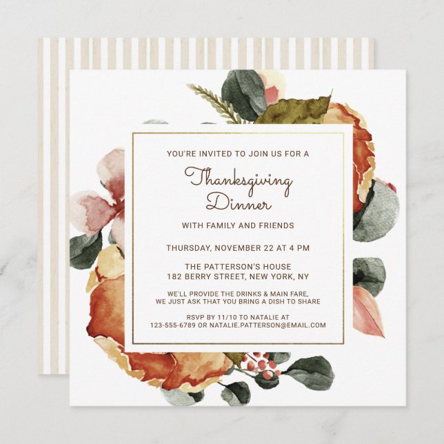 Rustic Thanksgiving Dinner Watercolor Floral Invitation (Front/Back)