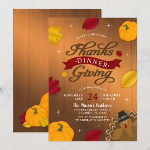 Rustic Thanksgiving Fall Leaves Turkey Pumpkin Invitation