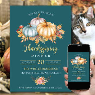 Rustic Thanksgiving floral pumpkins teal Invitation