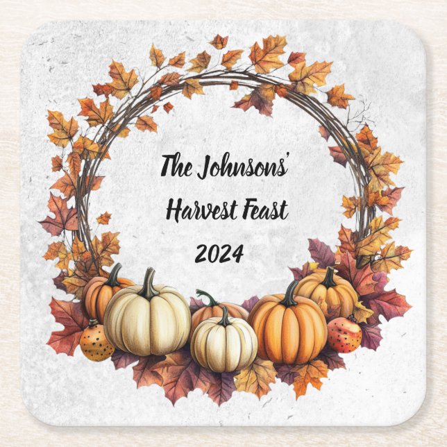 Rustic Thanksgiving Gathering Square Paper Coaster (Front)