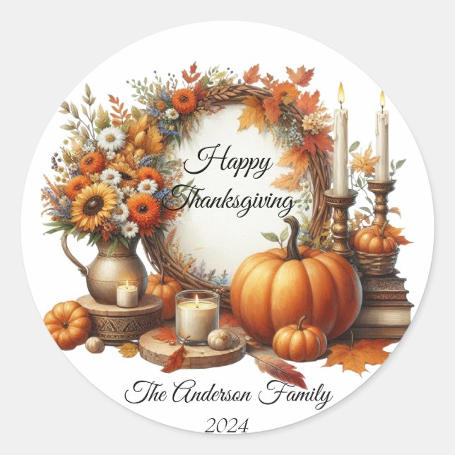 Rustic Thanksgiving Pumpkin Watercolor Autumn Classic Round Sticker (Front)