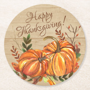 Rustic Thanksgiving Pumpkins Round Paper Coaster