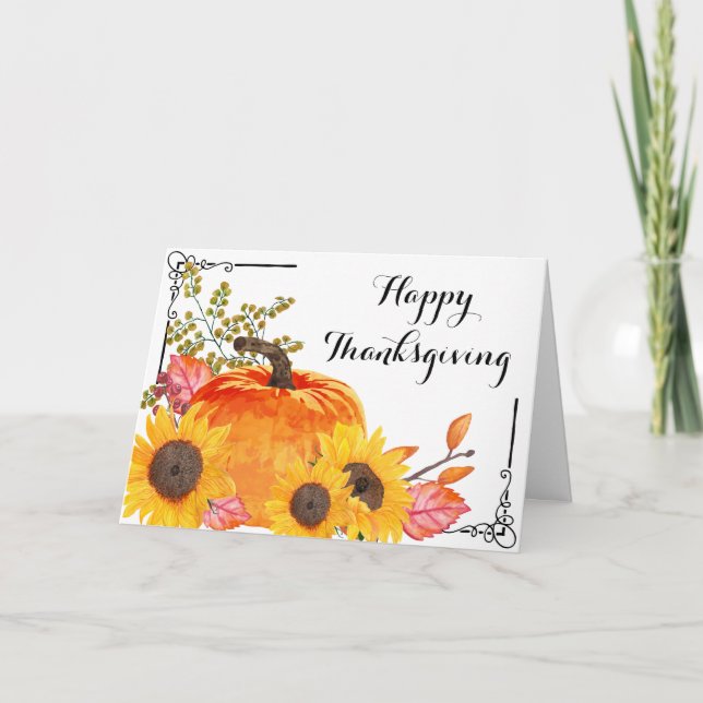 Rustic Thanksgiving Pumpkins Sunflower Card (Front)