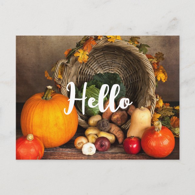 Rustic Thanksgiving Table Bountiful Harvest Hello Postcard (Front)
